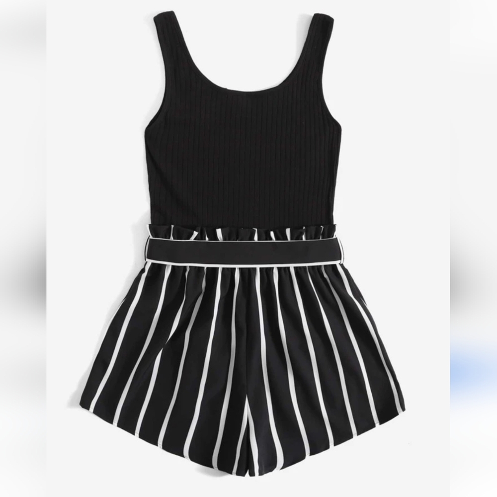 ESSENCE Black Romper with Striped Shorts & Belt Size Large 🟠